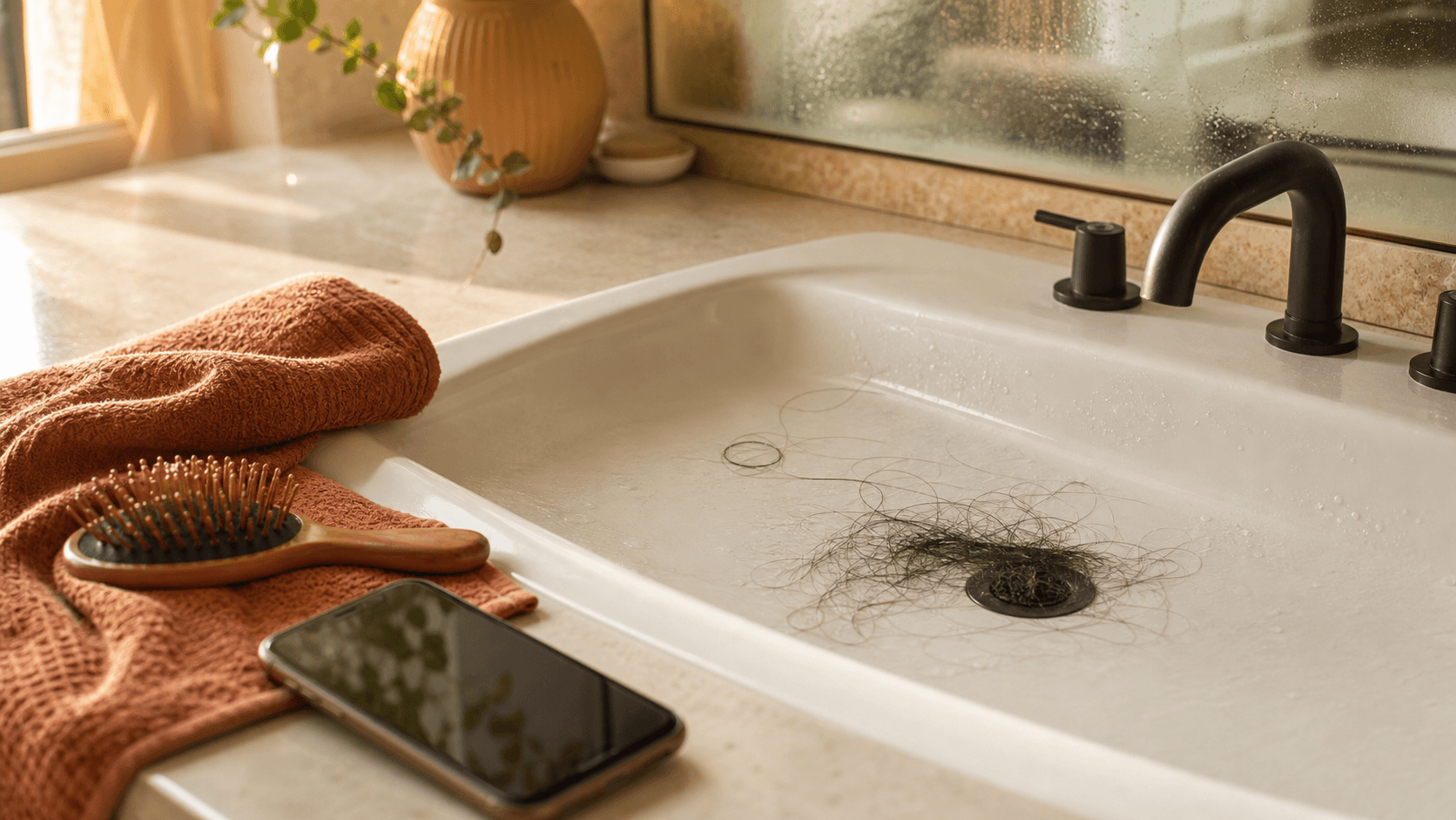 Warm bathroom sink scene showing how much hair loss is normal after washing and why tracking shower shedding matters