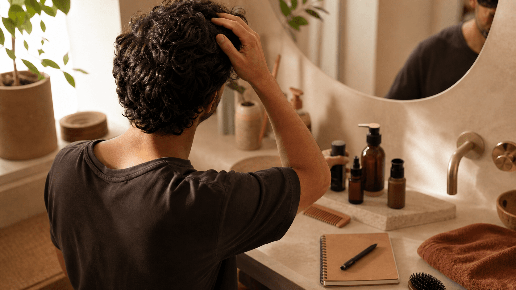 Person building a hair routine for thinning hair with simple grooming products in a warm bathroom scene