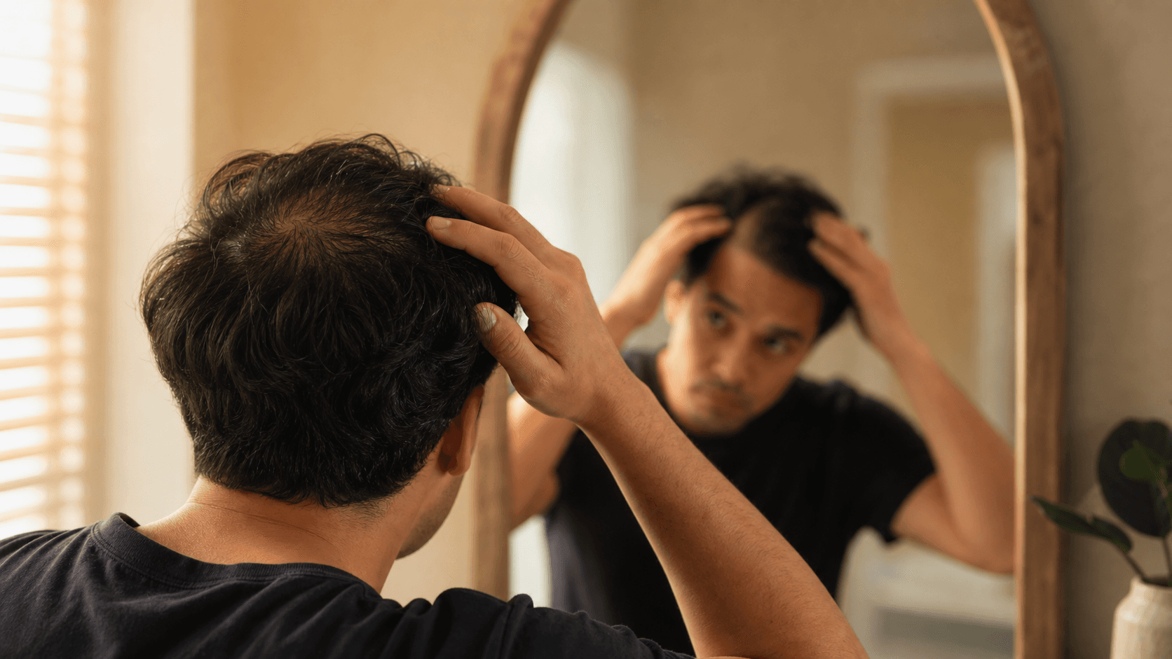 Bathroom mirror hair check showing why is my hair thinning concerns through consistent lighting and visible scalp changes
