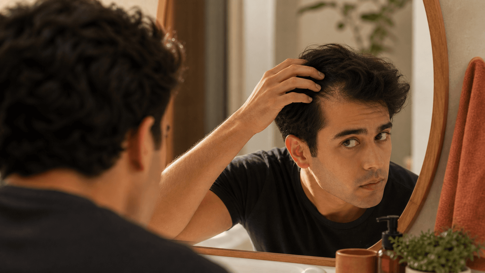 Young adult checking receding hairline causes at the temple in a warm bathroom mirror