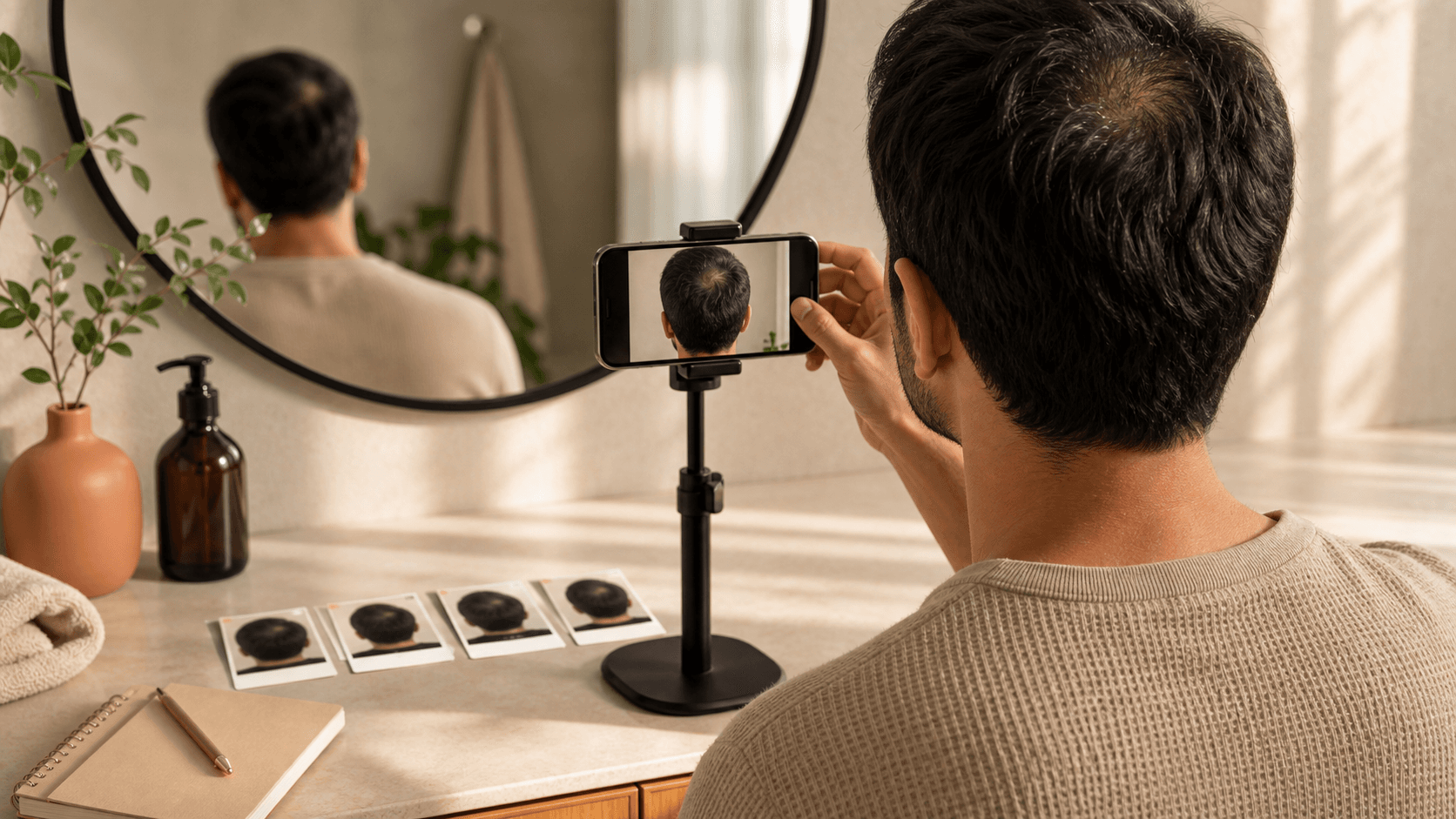 Person comparing hair progress photos while looking for the best hair growth tracker app