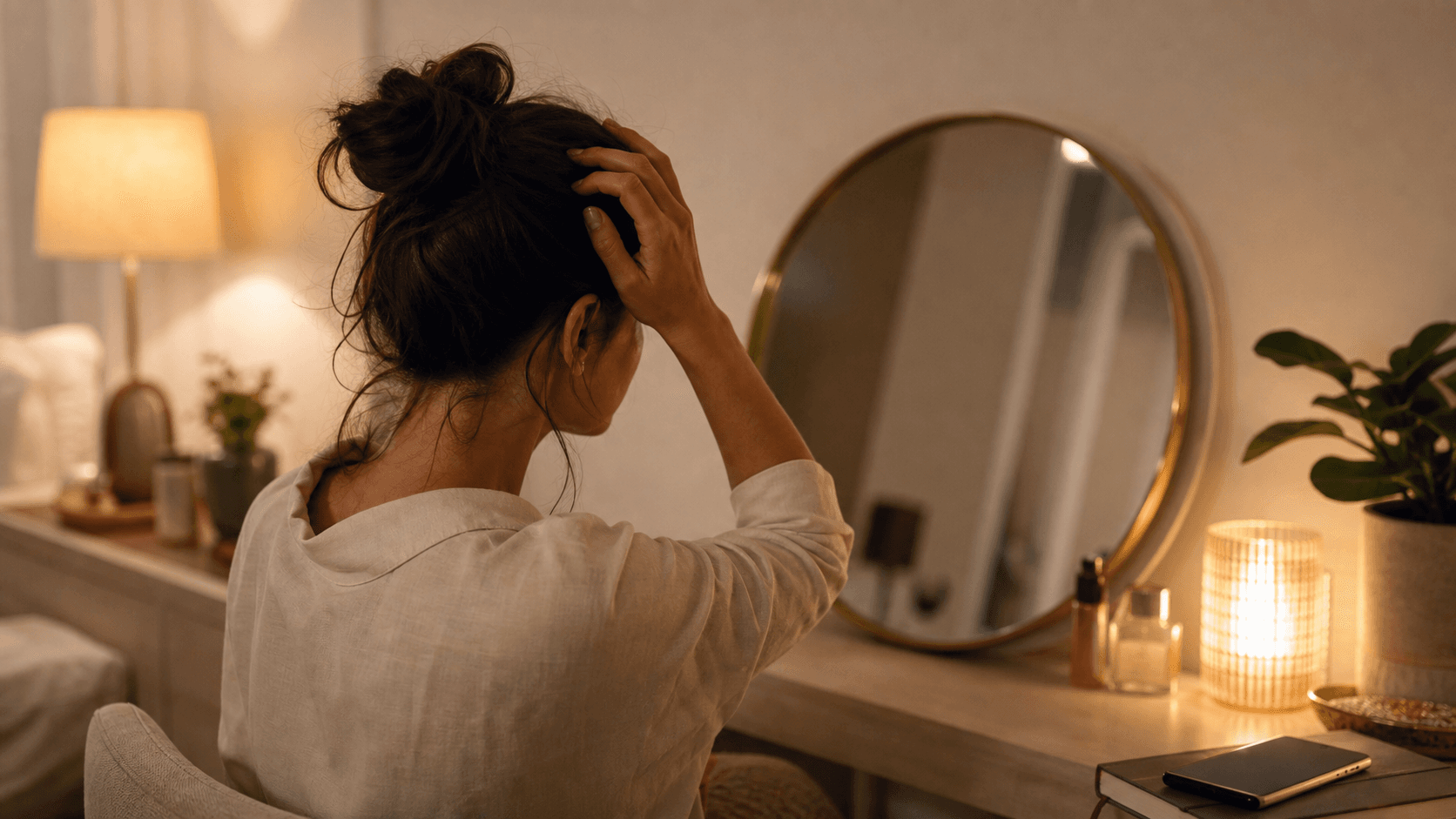Person thinking about stress hair loss while checking their hair near a warm evening vanity mirror
