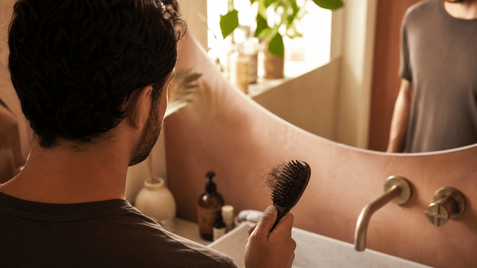Person checking hair loss vs shedding by looking at loose hair on a brush in a warm bathroom mirror scene
