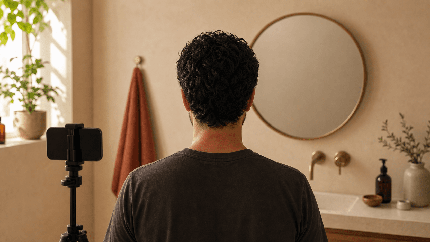Person learning how to track hair growth photos with a phone stand in a warm bathroom mirror scene