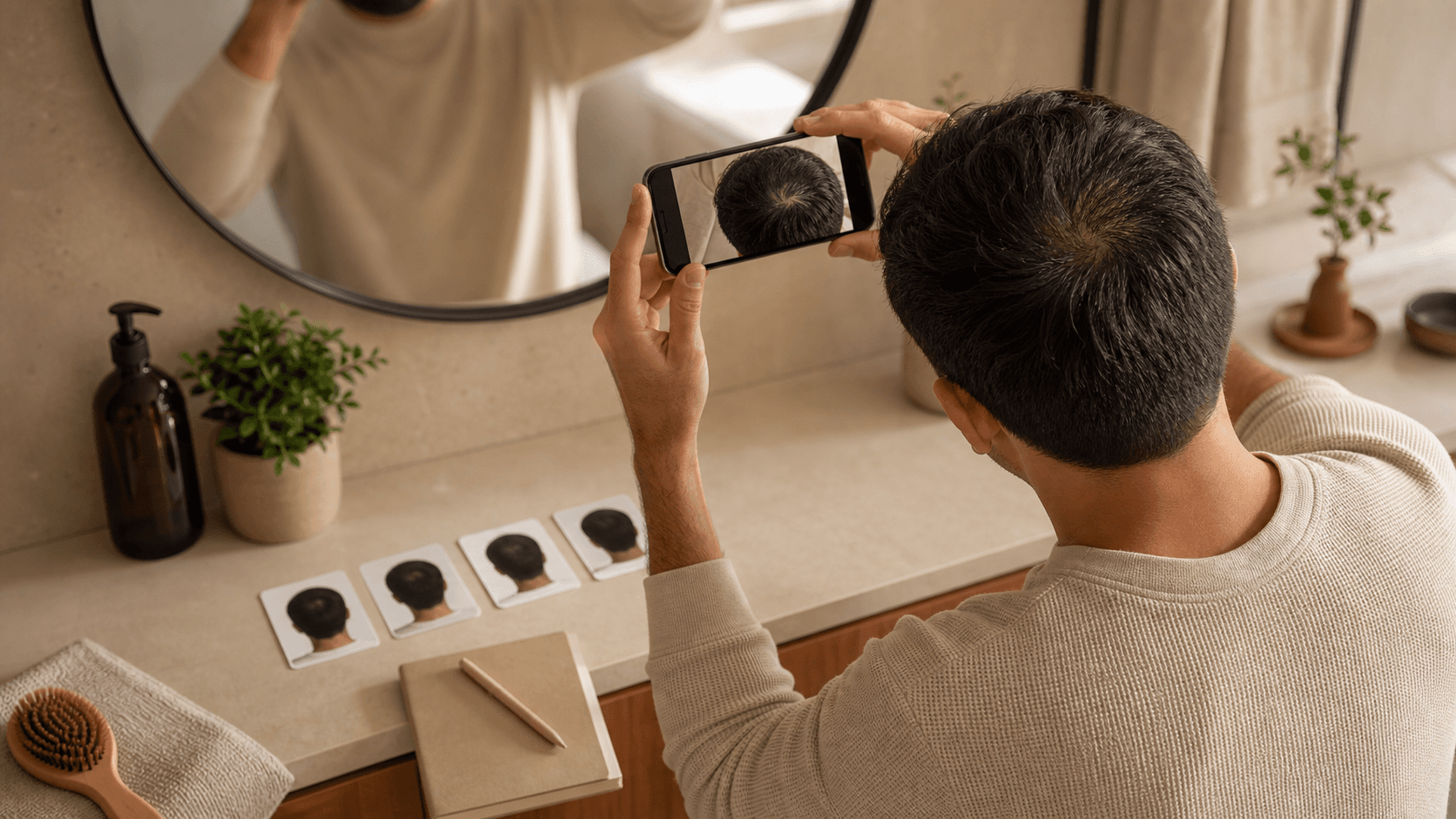 Person using a phone to understand a hair health score while tracking hair progress at home