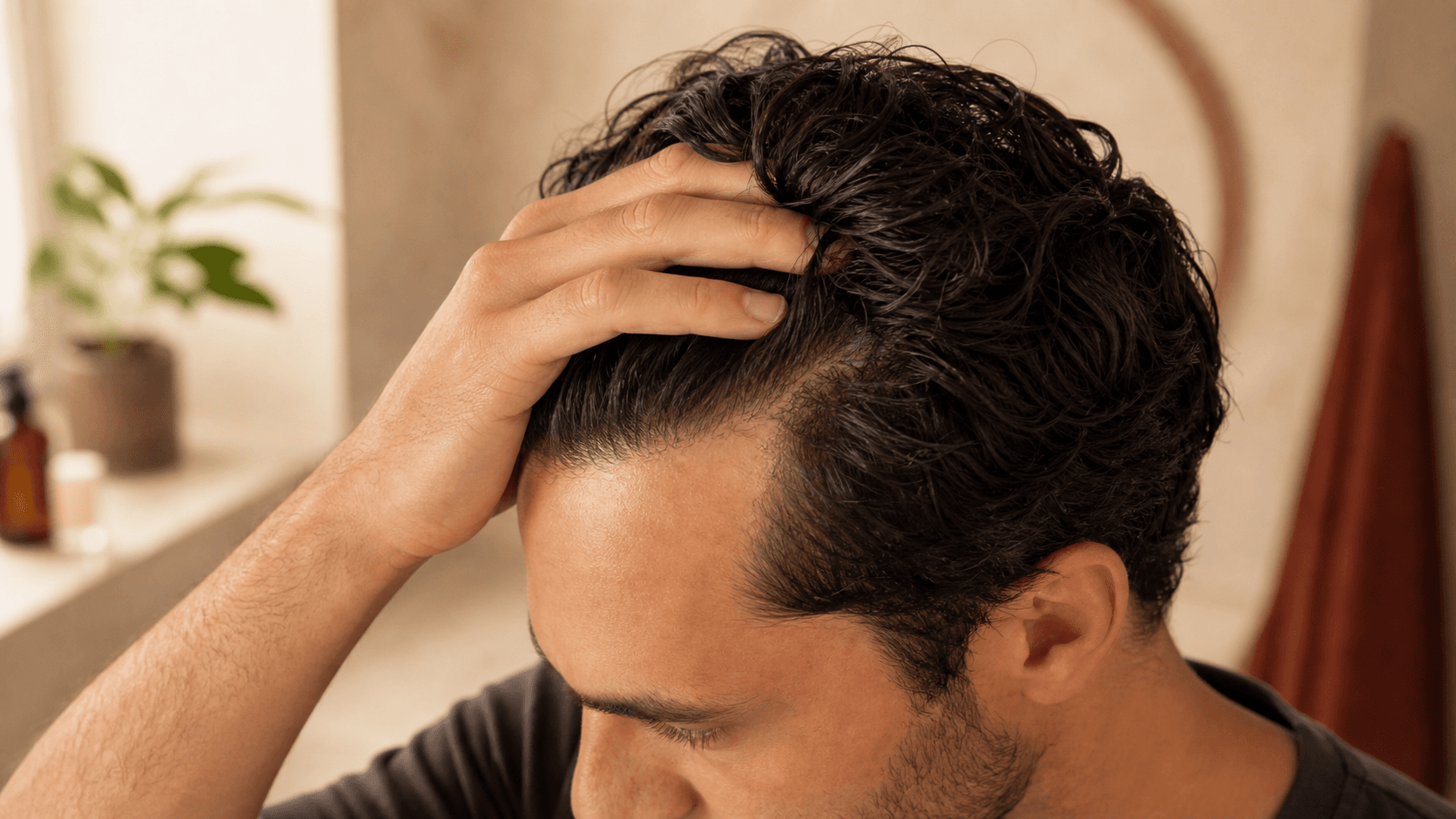 Person checking hairline shape in a warm bathroom mirror scene